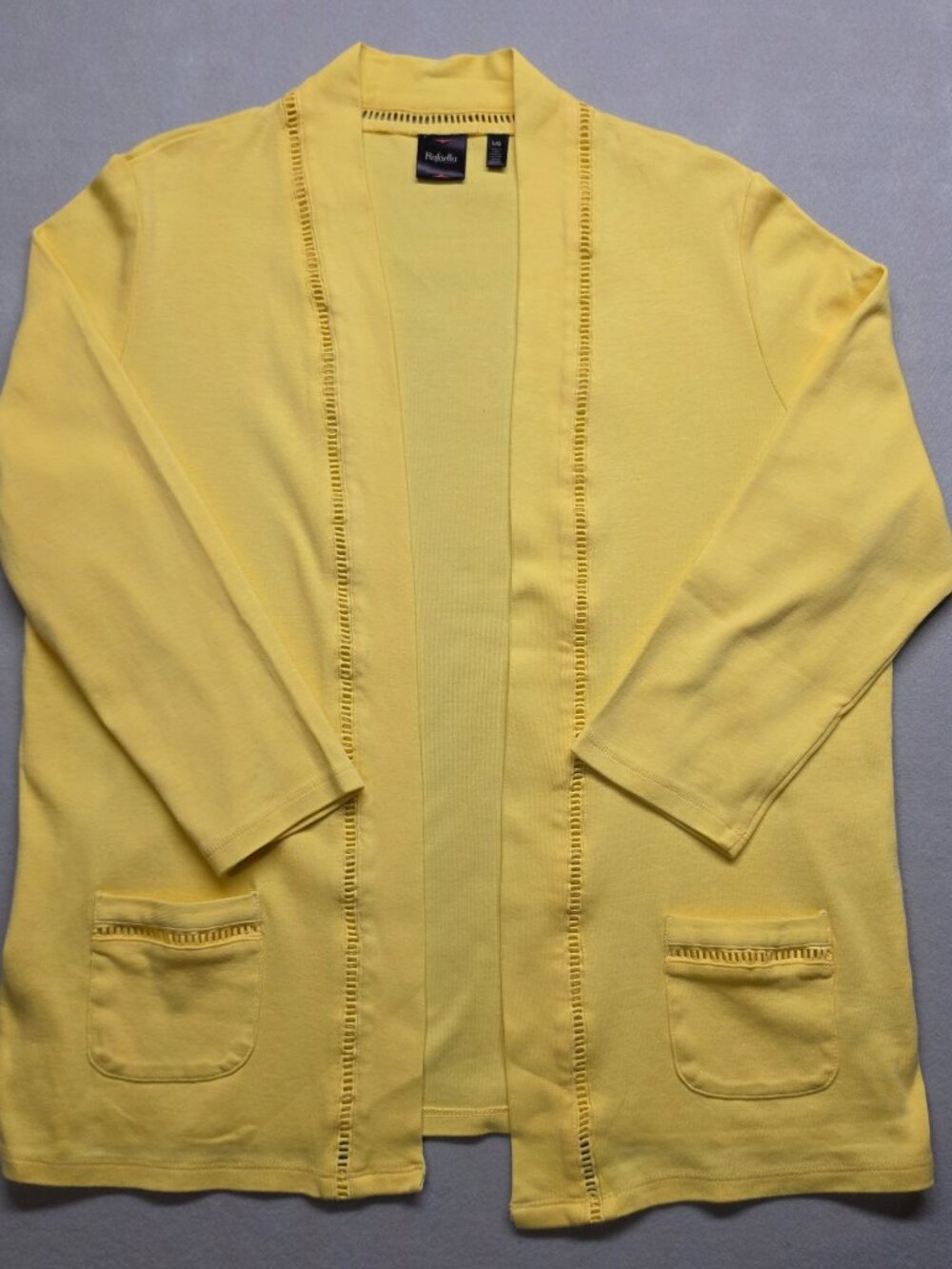 Rafaella Yellow Open Front Cardigan 3/4 Sleeve Ladder Cutout Knit Large
